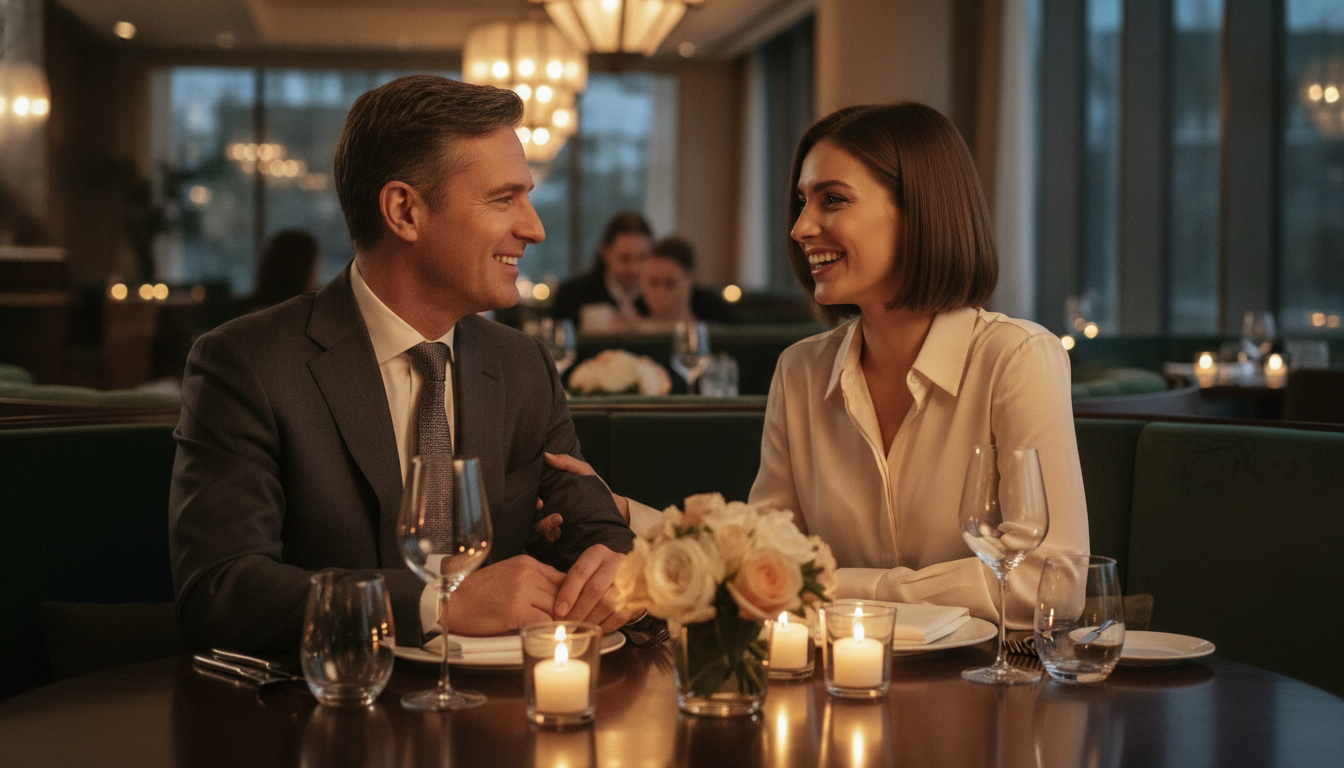 Pareja conversa con confianza durante una cena elegante en un restaurante