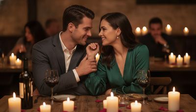 Pareja sonriente comparte una cena íntima mientras construye una relación sólida
