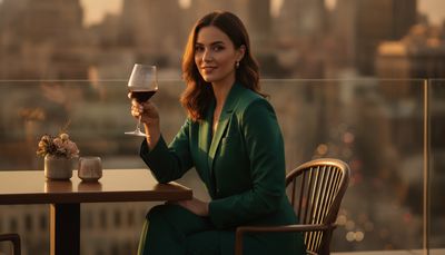 Mujer segura de sí misma disfruta una copa de vino en una terraza al atardecer